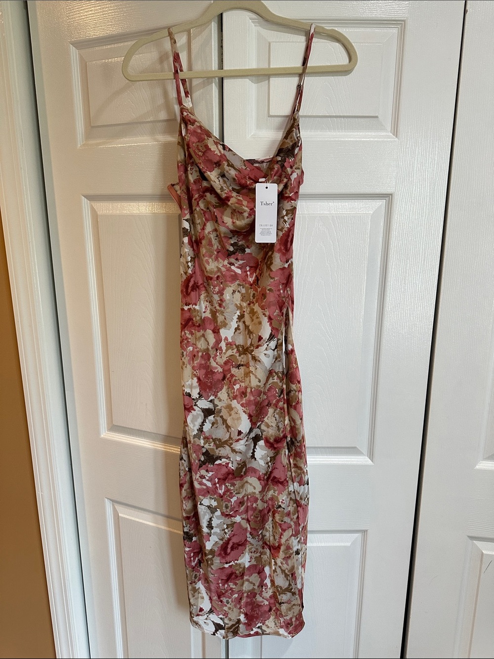 Taupe & Pink Floral Cowl Neck Midi Slip Dress